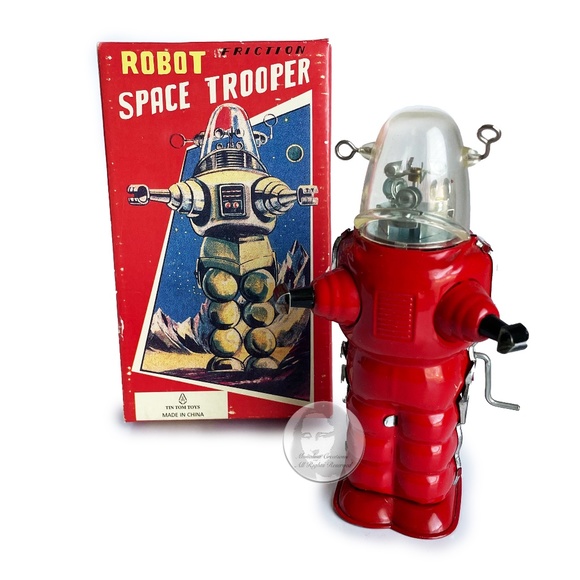 Tin Tom Toys Robot Space Trooper Wind Up Red Sci Fi in Box Remake HTF - Picture 1 of 12